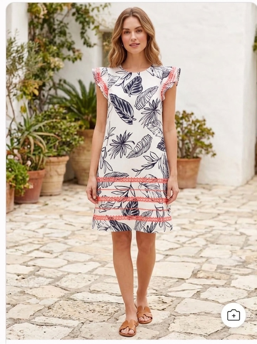 THML Floral Lightweight White NavyTropical Coral Trim Ruffle Sleeve Sheath Dress